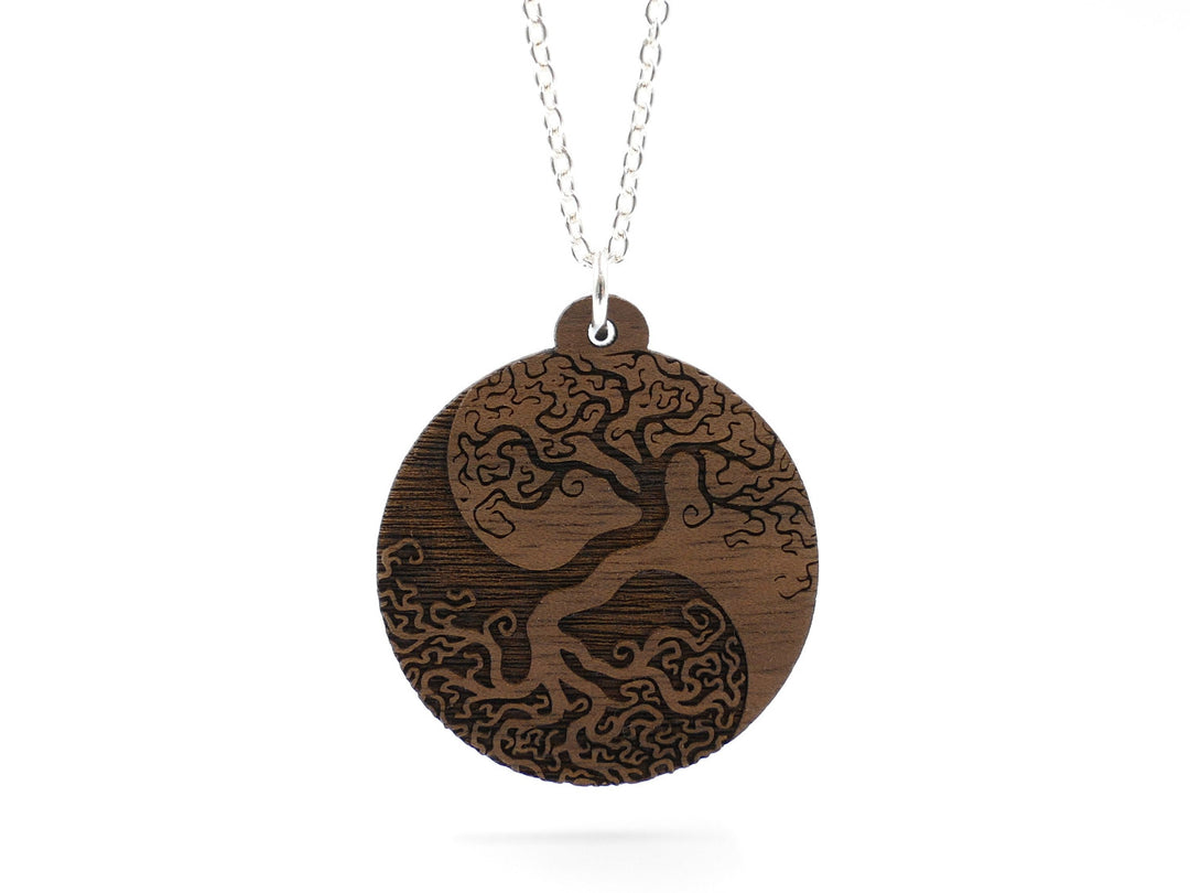 Silber Halskette "Lebensbaum Ying Yang" Walnussholz