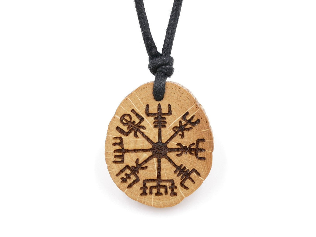 Astscheiben Halskette "Vegvisir" Eichenholz
