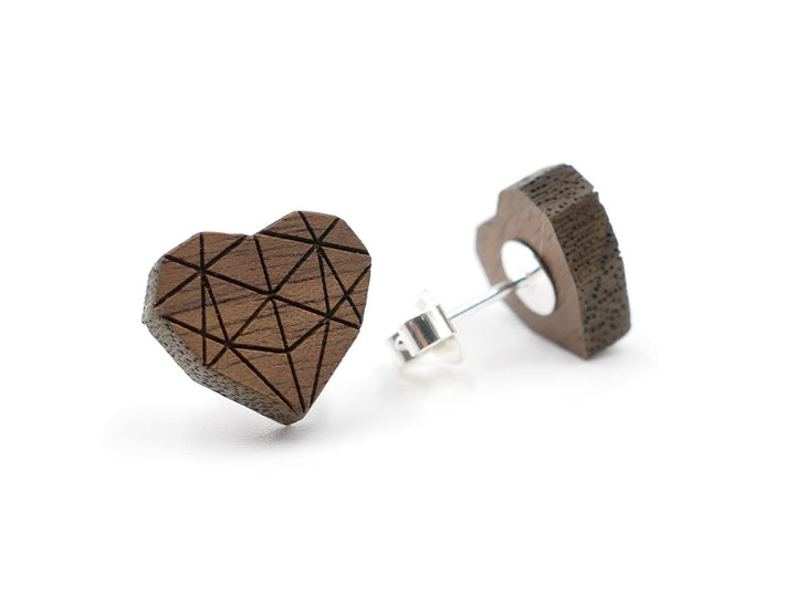 Silber Ohrstecker "Geometrisches Herz" Walnussholz