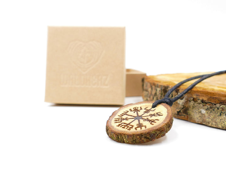 Astscheiben Halskette "Vegvisir" Eichenholz mit Rinde